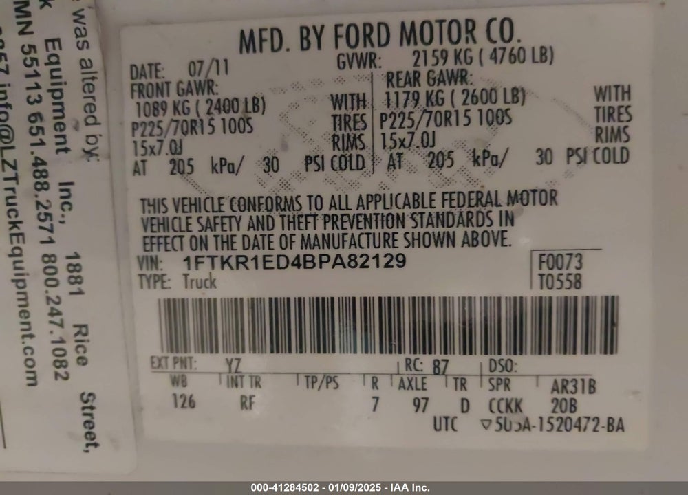 2011 FORD RANGER XL VIN: 1FTKR1ED4BPA82129