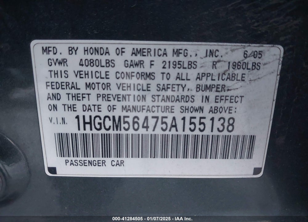 2005 HONDA ACCORD 2.4 LX VIN: 1HGCM56475A155138