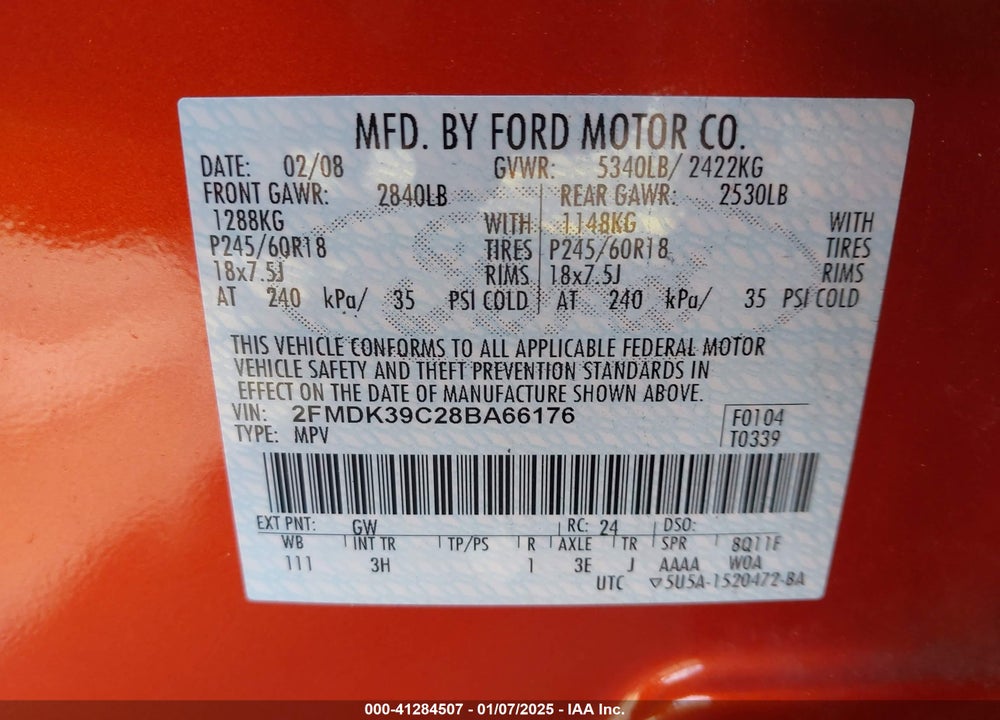 2008 FORD EDGE LIMITED VIN: 2FMDK39C28BA66176