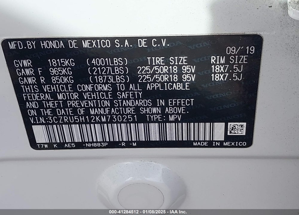 2019 HONDA HR-V SPORT VIN: 3CZRU5H12KM730251