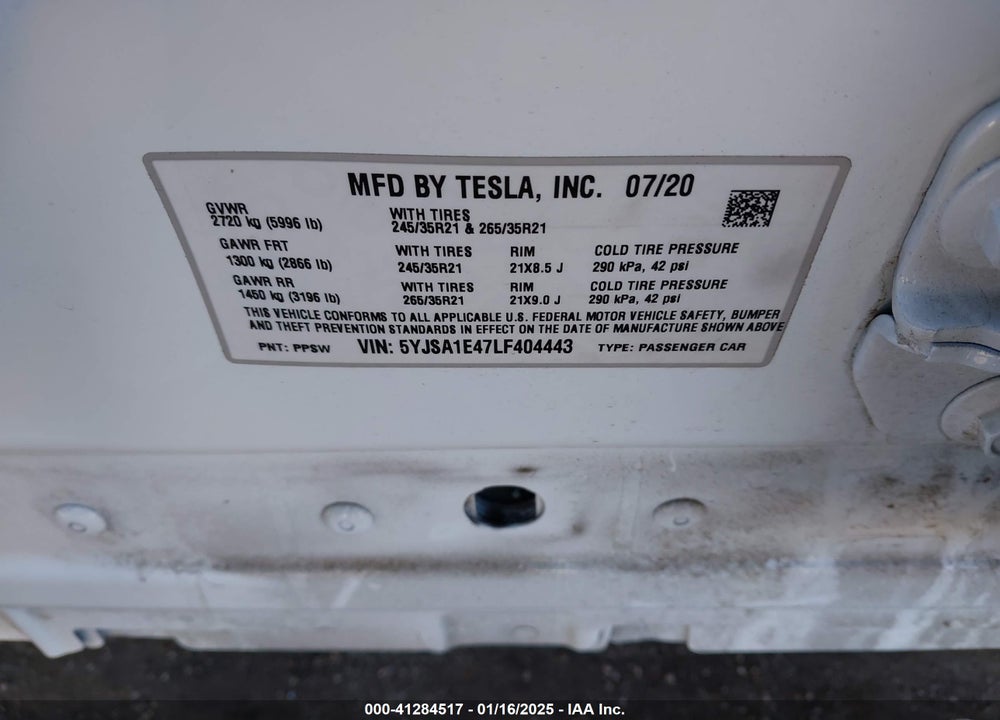 2020 TESLA MODEL S VIN: 5YJSA1E47LF404443