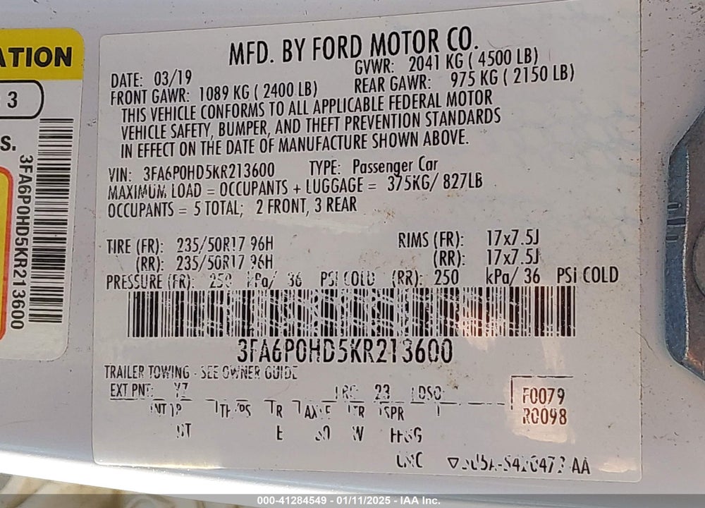 2019 FORD FUSION VIN: 3FA6P0HD5KR213600