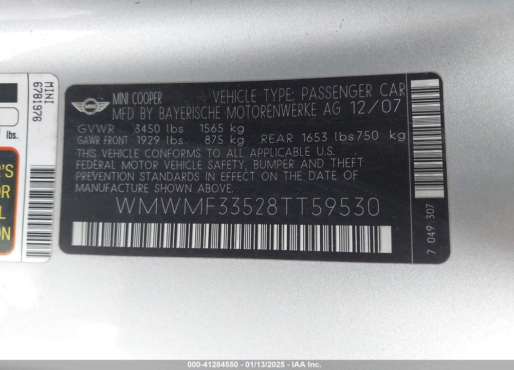 2008 MINI COOPER VIN: WMWMF33528TT59530