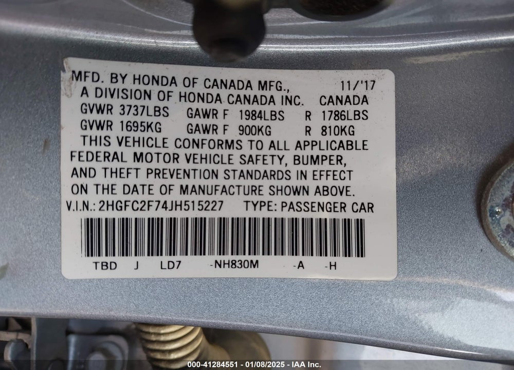 2018 HONDA CIVIC VIN: 2HGFC2F74JH515227