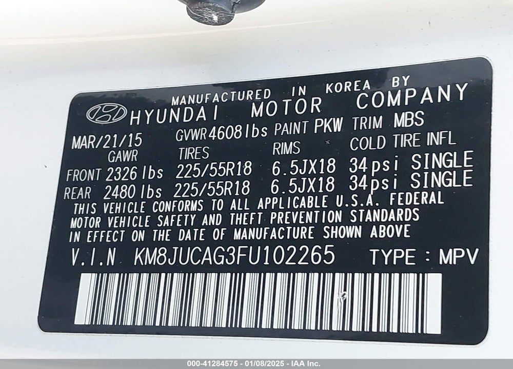 2015 HYUNDAI TUCSON LIMITED VIN: KM8JUCAG3FU102265