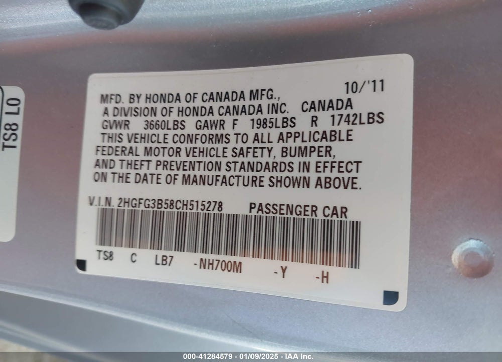 2012 HONDA CIVIC VIN: 2HGFG3B58CH515278