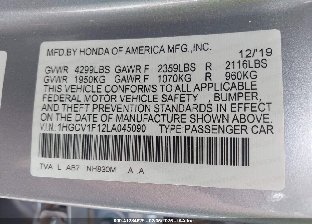 2020 HONDA ACCORD VIN: 1HGCV1F12LA045090