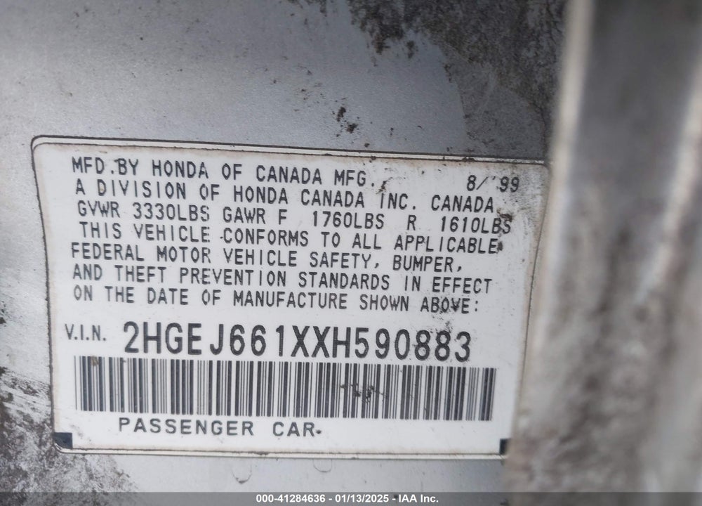 1999 HONDA CIVIC VALUE PACKAGE VIN: 2HGEJ661XXH590883