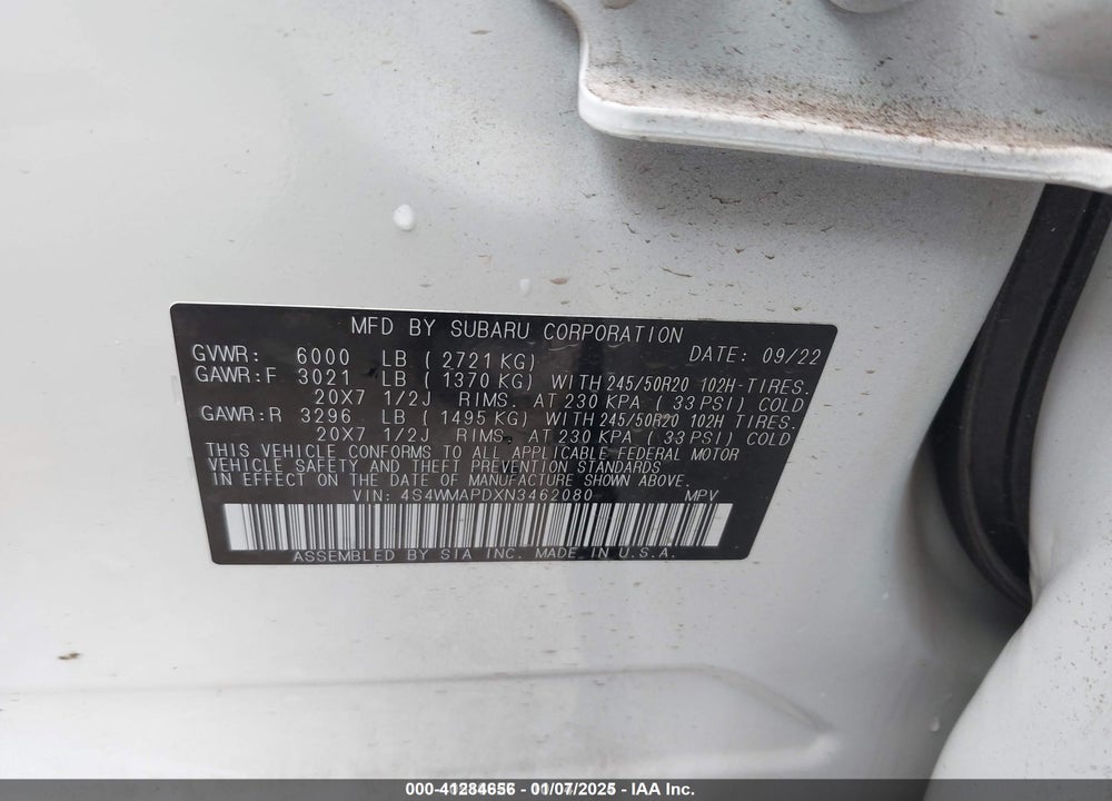 2022 SUBARU ASCENT LIMITED VIN: 4S4WMAPDXN3462080
