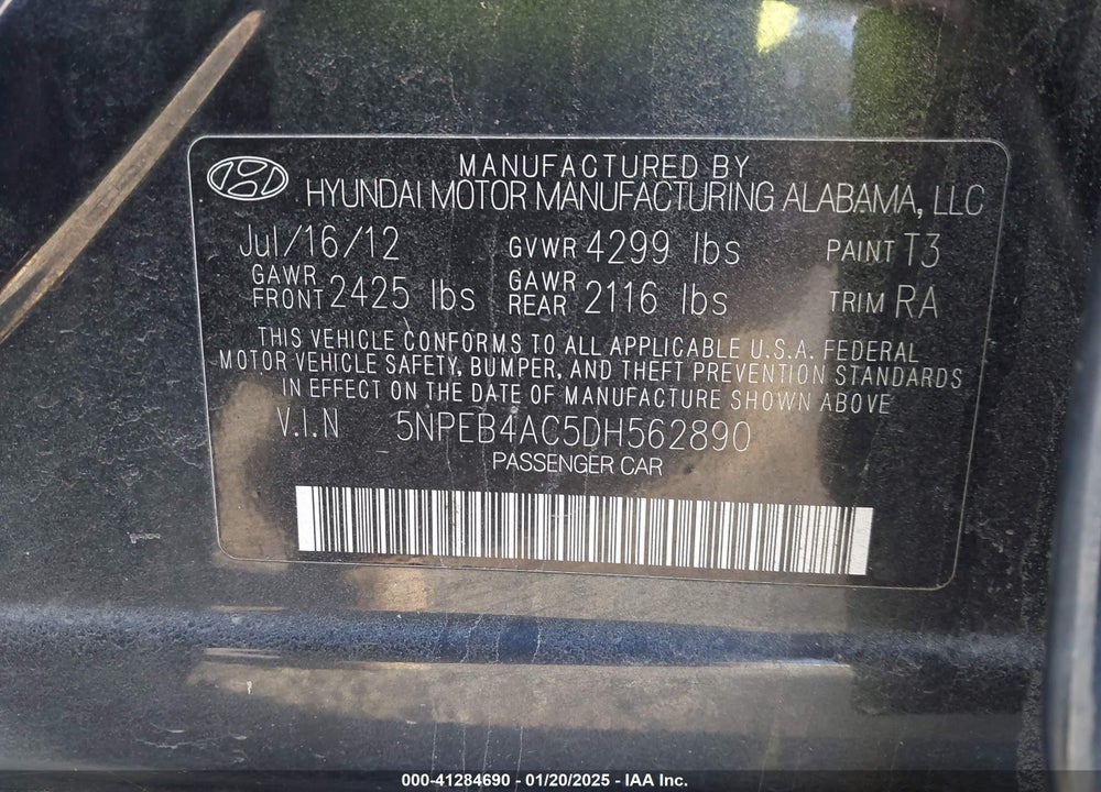 2013 HYUNDAI SONATA VIN: 5NPEB4AC5DH562890