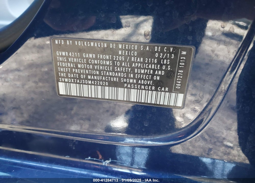 2013 VOLKSWAGEN JETTA VIN: 3VWDX7AJ3DM422020