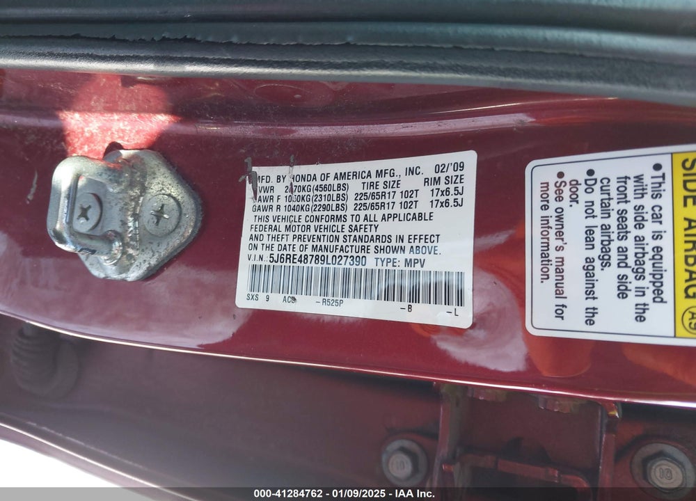 2009 HONDA CR-V EX-L VIN: 5J6RE48789L027390