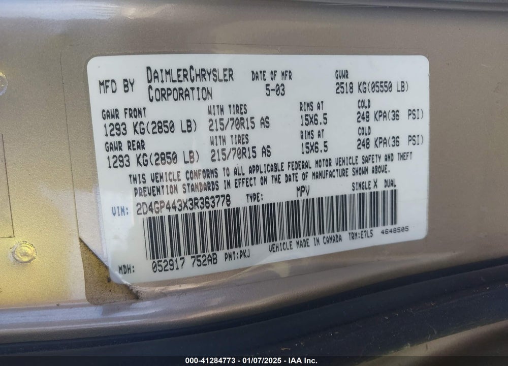 2003 DODGE GRAND CARAVAN SPORT VIN: 2D4GP443X3R363778