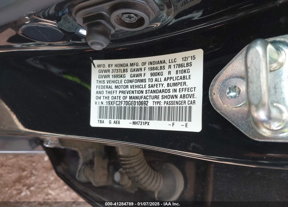 2016 HONDA CIVIC VIN: 19XFC2F70GE010692