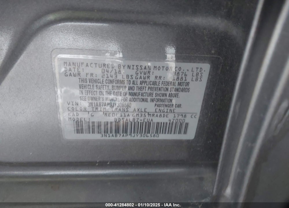 2018 NISSAN SENTRA VIN: 3N1AB7AP9JY306580
