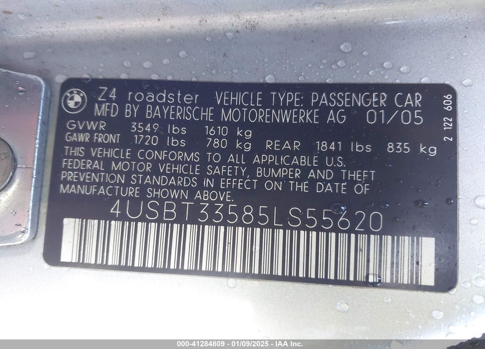 2005 BMW Z4 2.5I VIN: 4USBT33585LS55620