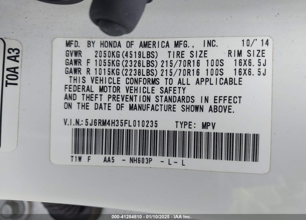 2015 HONDA CR-V LX VIN: 5J6RM4H35FL010235