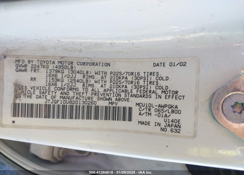 2002 LEXUS RX 300 VIN: JTJGF10U820130260