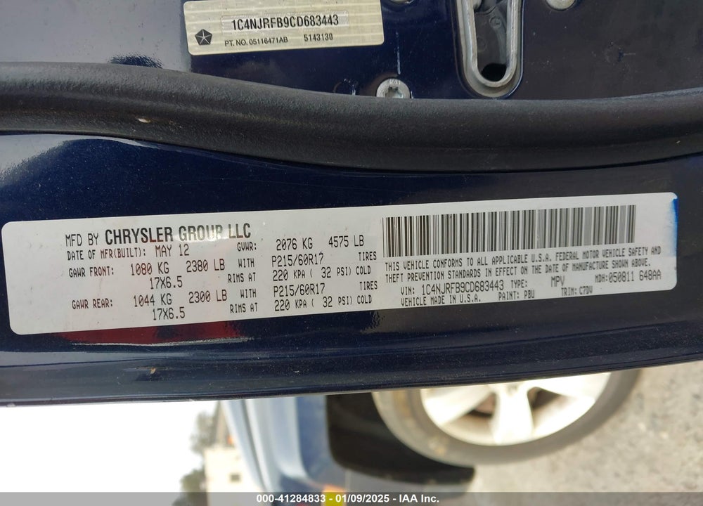 2012 JEEP PATRIOT LATITUDE VIN: 1C4NJRFB9CD683443