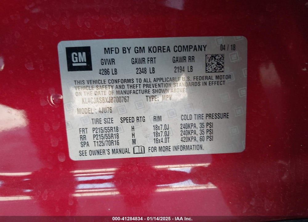 2018 BUICK ENCORE PREFERRED VIN: KL4CJASBXJB700767