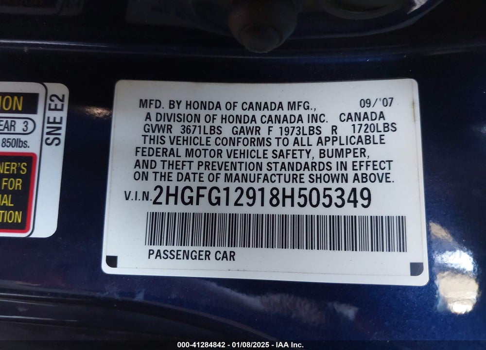 2008 HONDA CIVIC VIN: 2HGFG12918H505349