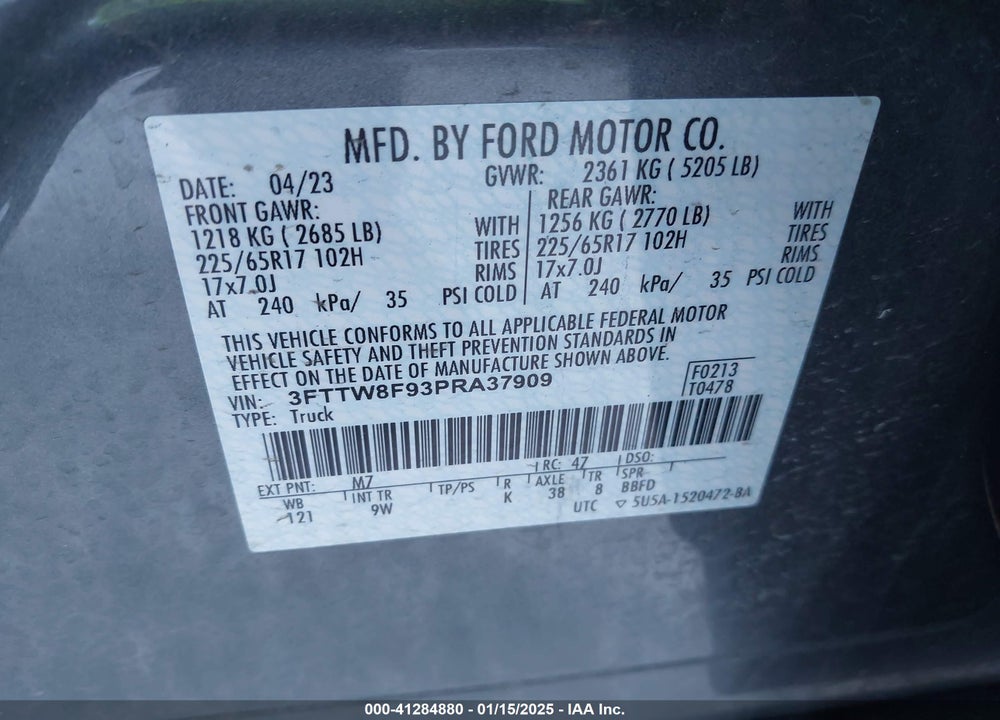 2023 FORD MAVERICK XL VIN: 3FTTW8F93PRA37909