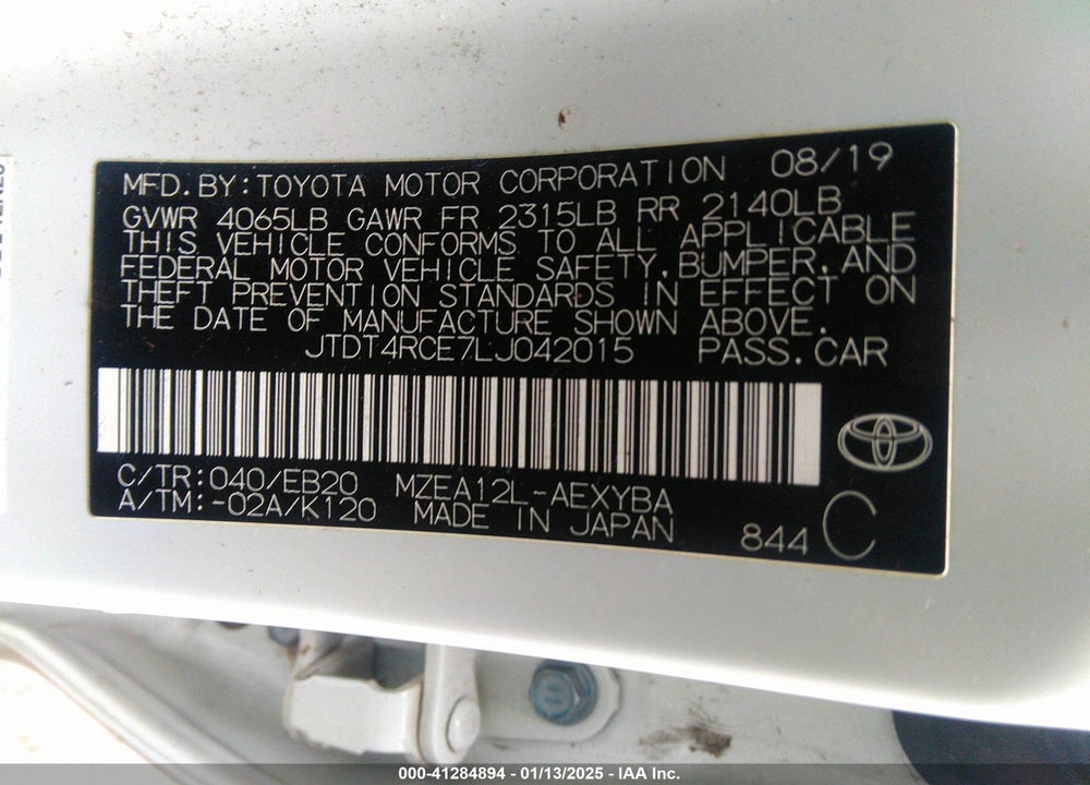 2020 TOYOTA COROLLA VIN: JTDT4RCE7LJ042015