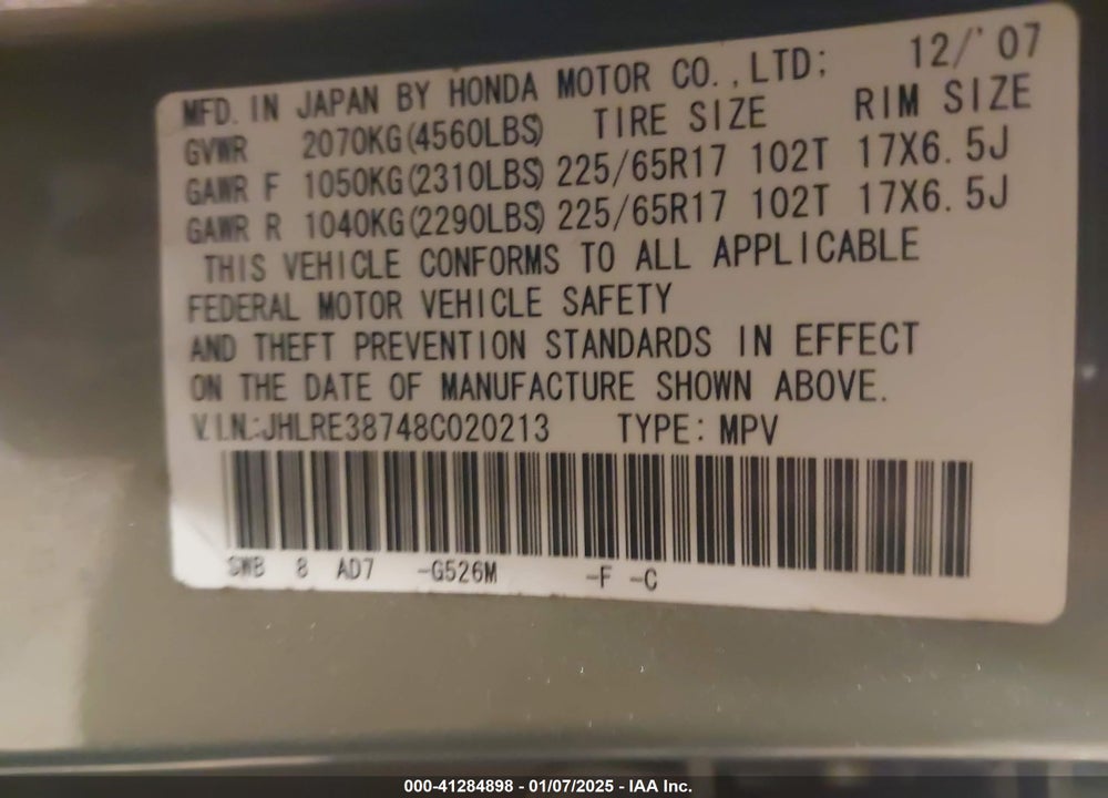 2008 HONDA CR-V EX-L VIN: JHLRE38748C020213