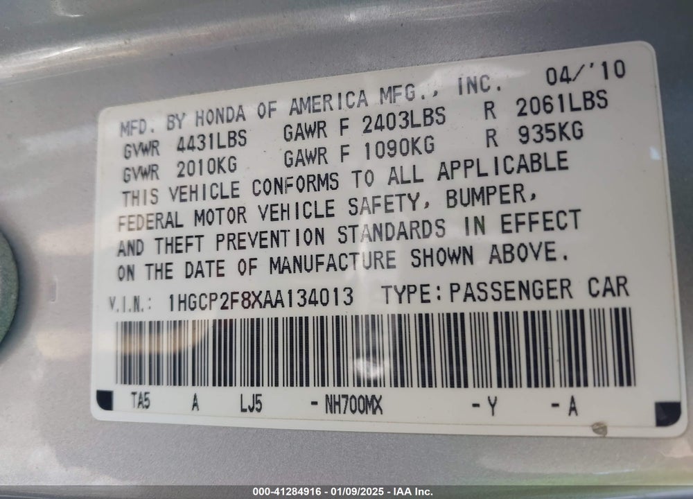 2010 HONDA ACCORD 2.4 EX-L VIN: 1HGCP2F8XAA134013