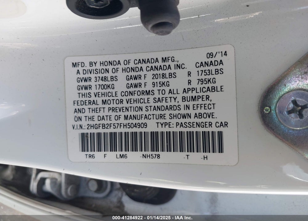2015 HONDA CIVIC LX VIN: 2HGFB2F57FH504909