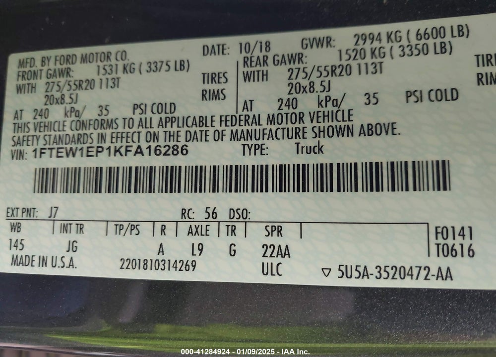 2019 FORD F-150 XL VIN: 1FTEW1EP1KFA16286