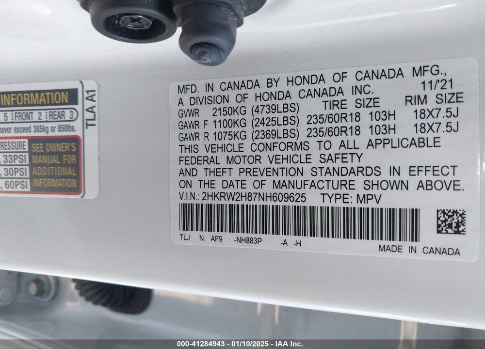 2022 HONDA CR-V VIN: 2HKRW2H87NH609625