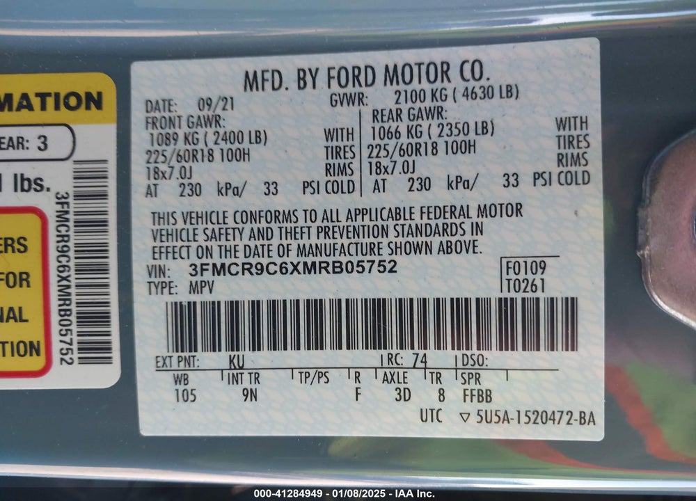 2021 FORD BRONCO SPORT OUTER BANKS VIN: 3FMCR9C6XMRB05752