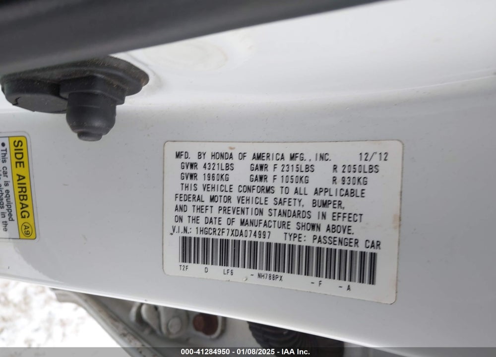2013 HONDA ACCORD VIN: 1HGCR2F7XDA074997