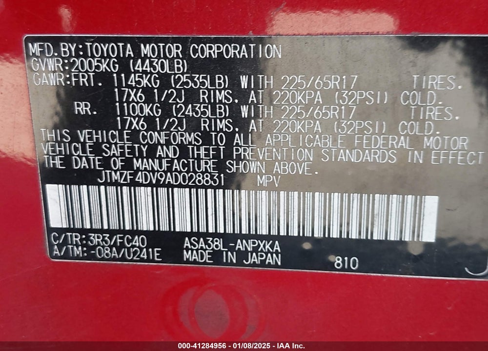 2010 TOYOTA RAV4 VIN: JTMZF4DV9AD028831