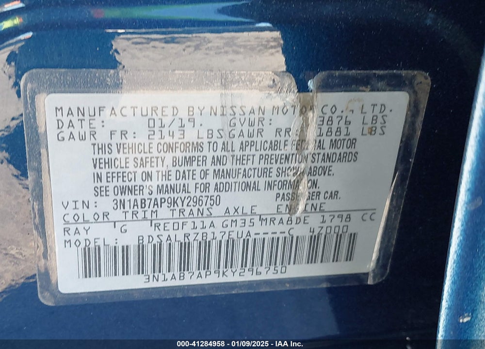 2019 NISSAN SENTRA VIN: 3N1AB7AP9KY296750