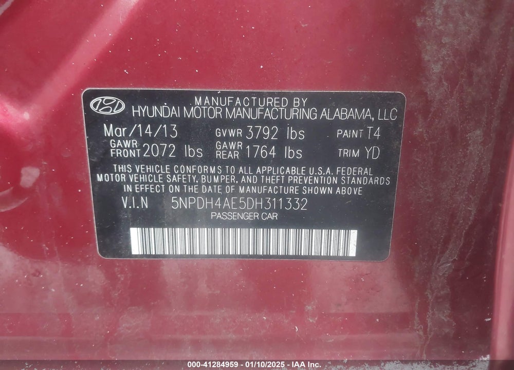 2013 HYUNDAI ELANTRA LIMITED VIN: 5NPDH4AE5DH311332