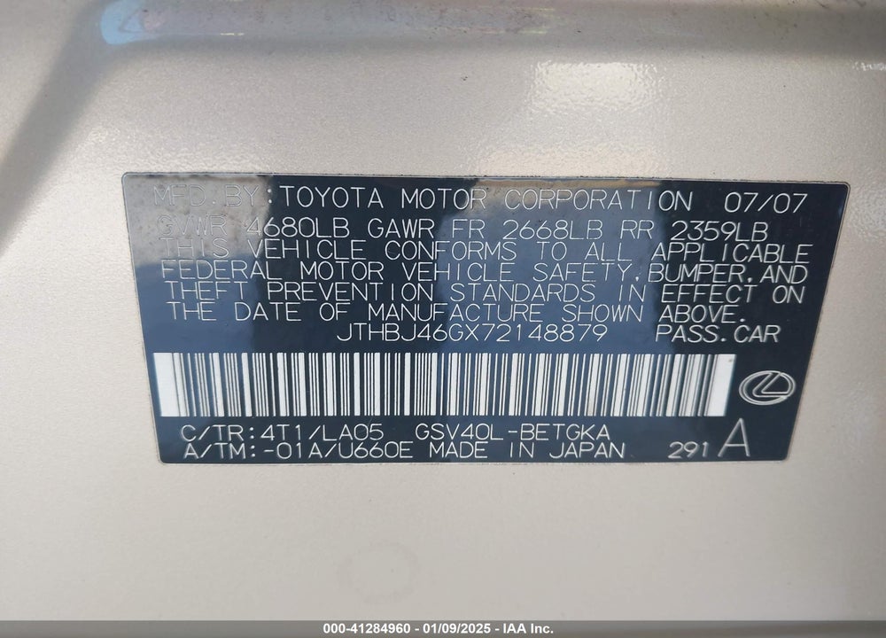 2007 LEXUS ES 350 VIN: JTHBJ46GX72148879