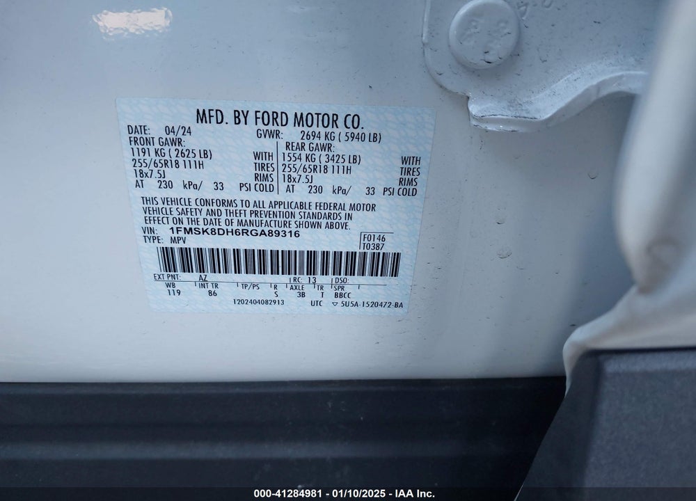2024 FORD EXPLORER XLT VIN: 1FMSK8DH6RGA89316
