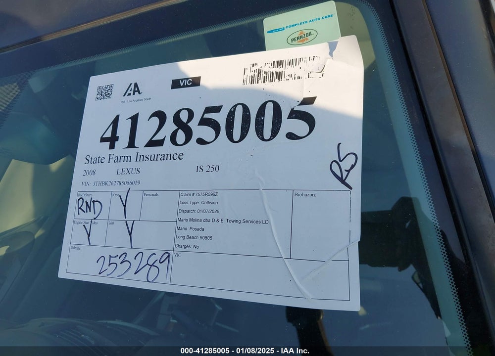 2008 LEXUS IS 250 VIN: JTHBK262785056019