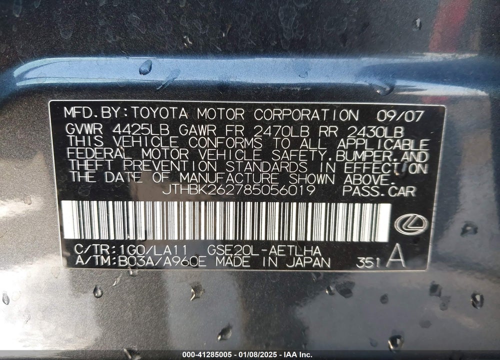 2008 LEXUS IS 250 VIN: JTHBK262785056019
