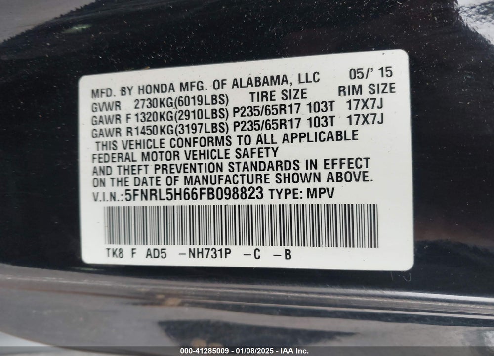 2015 HONDA ODYSSEY EX-L VIN: 5FNRL5H66FB098823