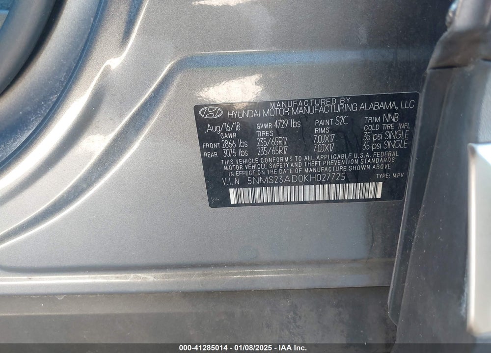 2019 HYUNDAI SANTA FE SE VIN: 5NMS23AD0KH027725