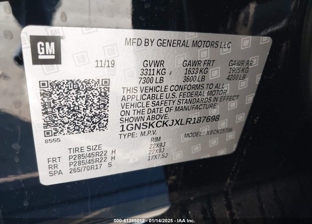 2020 CHEVROLET TAHOE 4WD PREMIER VIN: 1GNSKCKJXLR187698