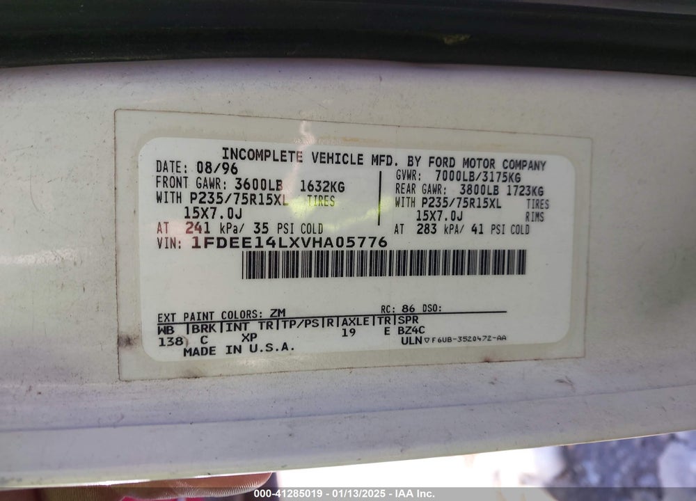 1997 FORD ECONOLINE STRIPPED CHAS STANDARD VIN: 1FDEE14LXVHA05776