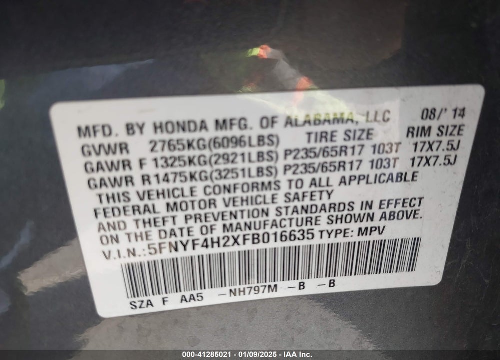 2015 HONDA PILOT LX VIN: 5FNYF4H2XFB016635