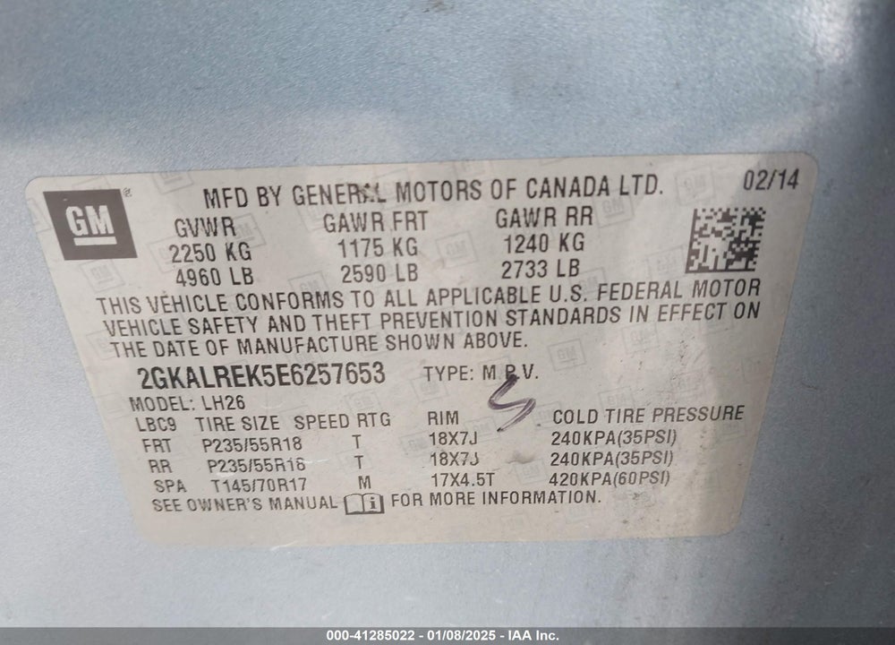 2014 GMC TERRAIN SLE-2 VIN: 2GKALREK5E6257653