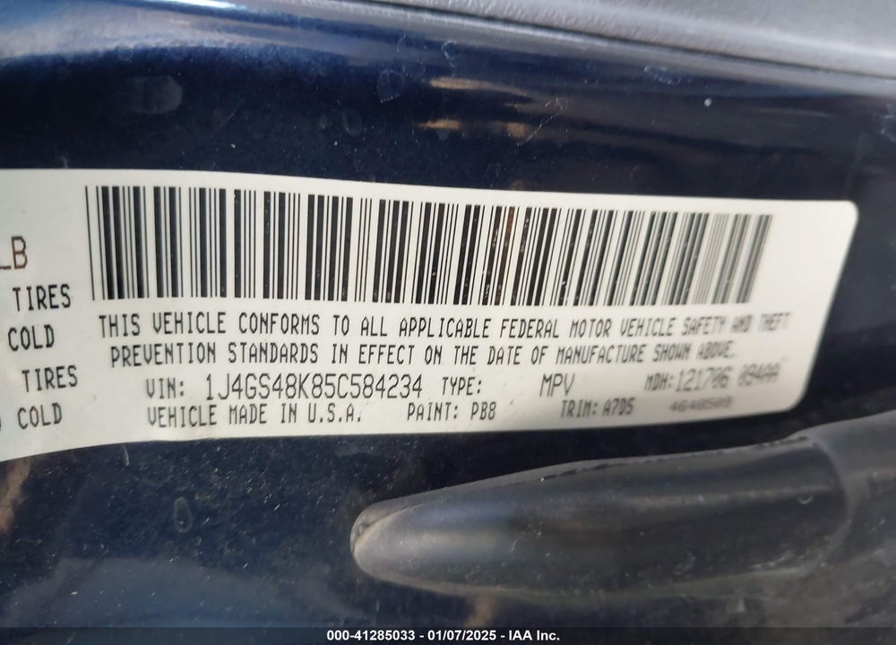 2005 CHEROKEE JEEP GRAND  LAREDO VIN: 1J4GS48K85C584234