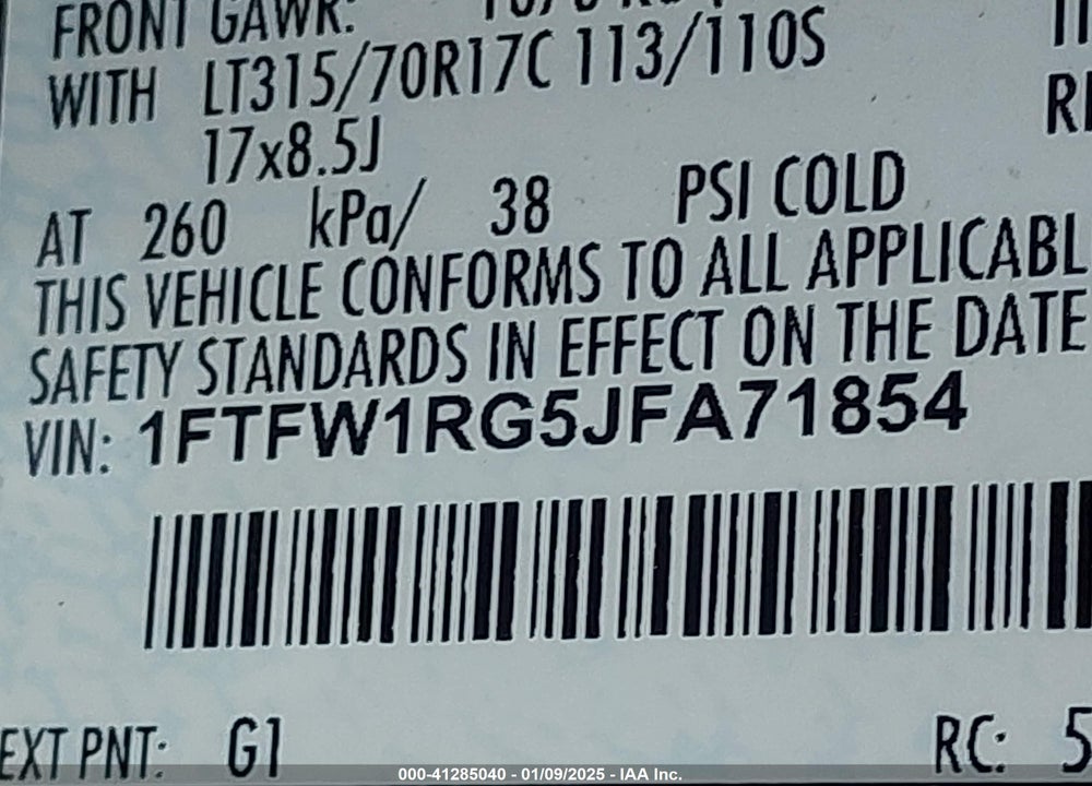 2018 FORD F-150 VIN: 1FTFW1RG5JFA71854