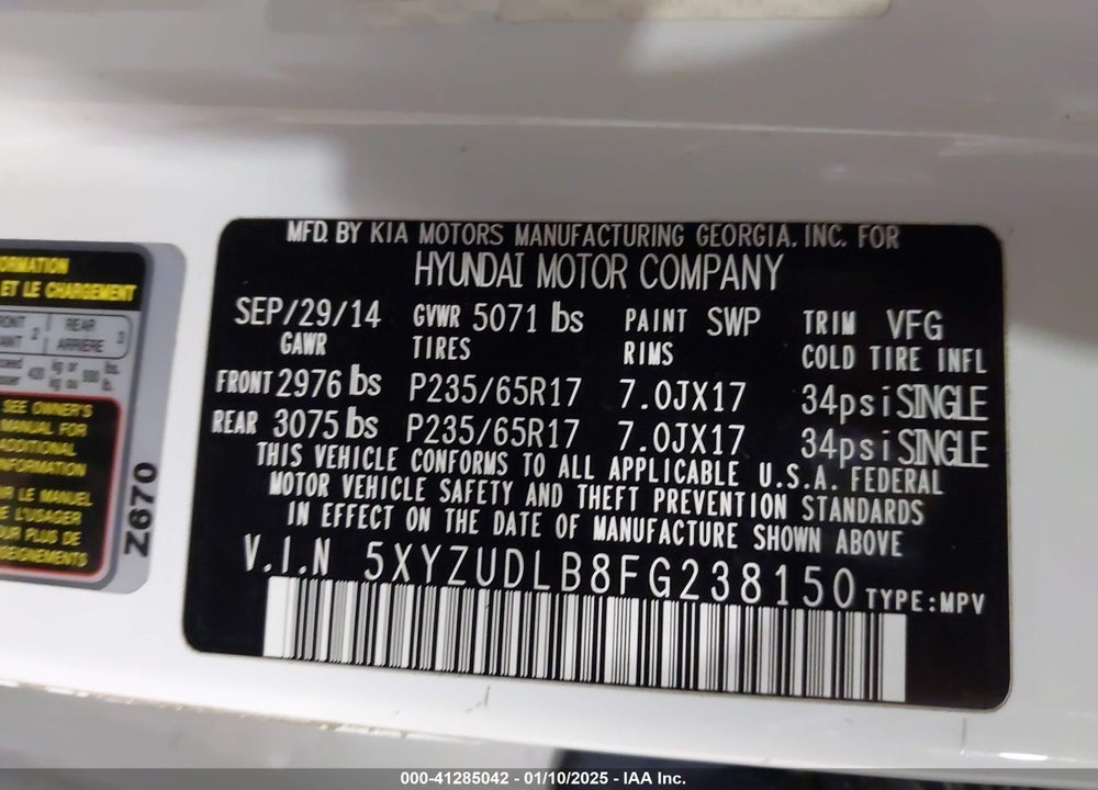 2015 HYUNDAI SANTA FE SPORT 2.4L VIN: 5XYZUDLB8FG238150